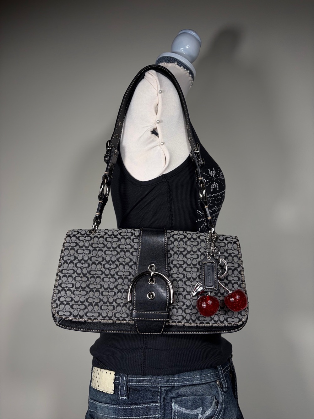 Coach Gray & Black Signature Shoulder Bag with Cherry Charm